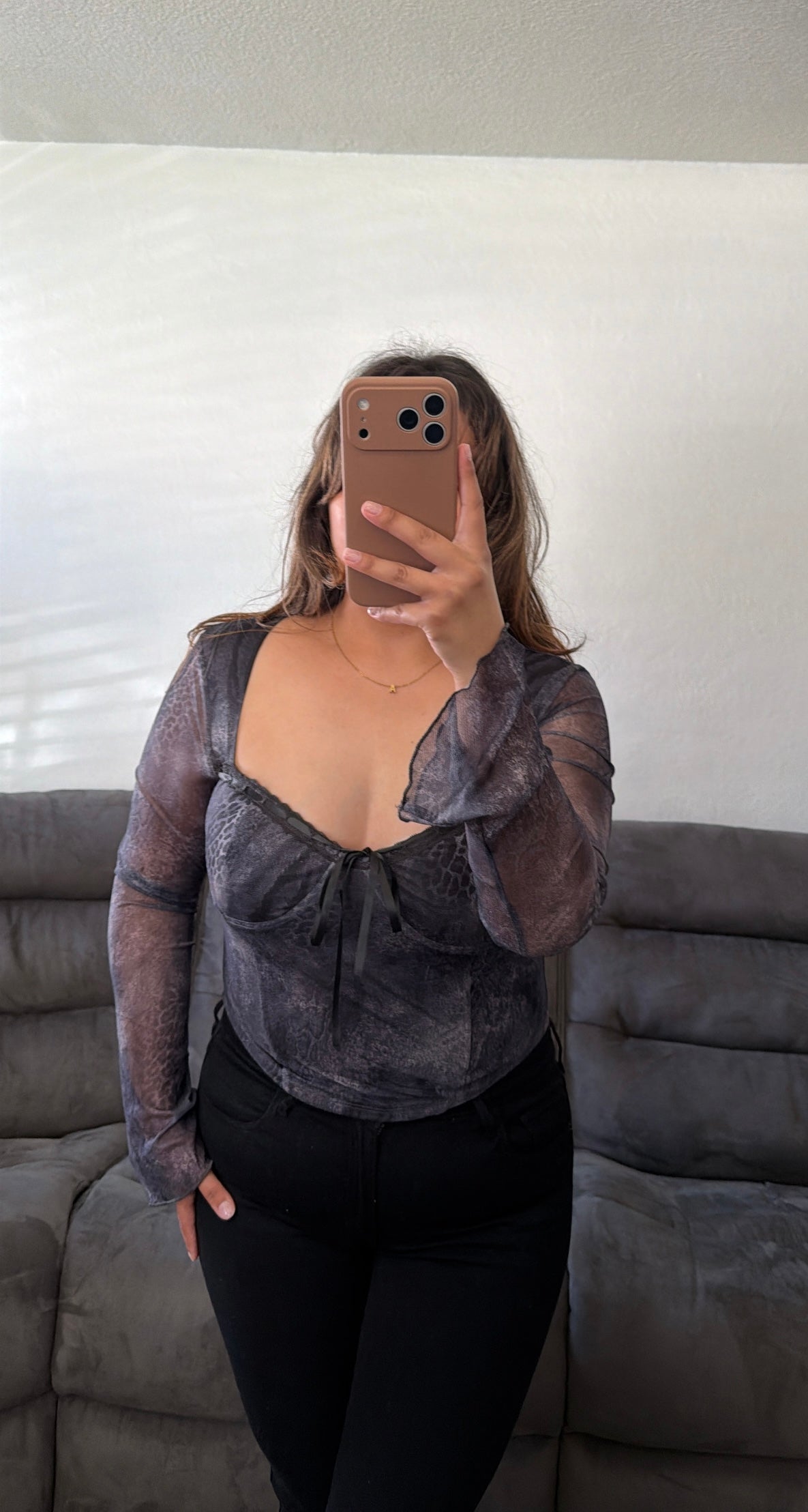 Animal Printed Mesh Long Sleeve Top