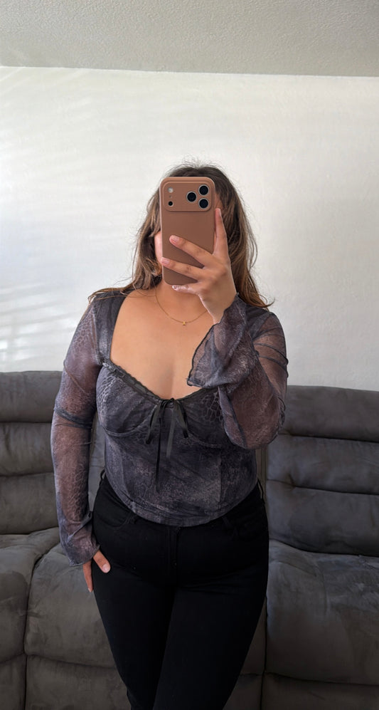 Animal Printed Mesh Long Sleeve Top