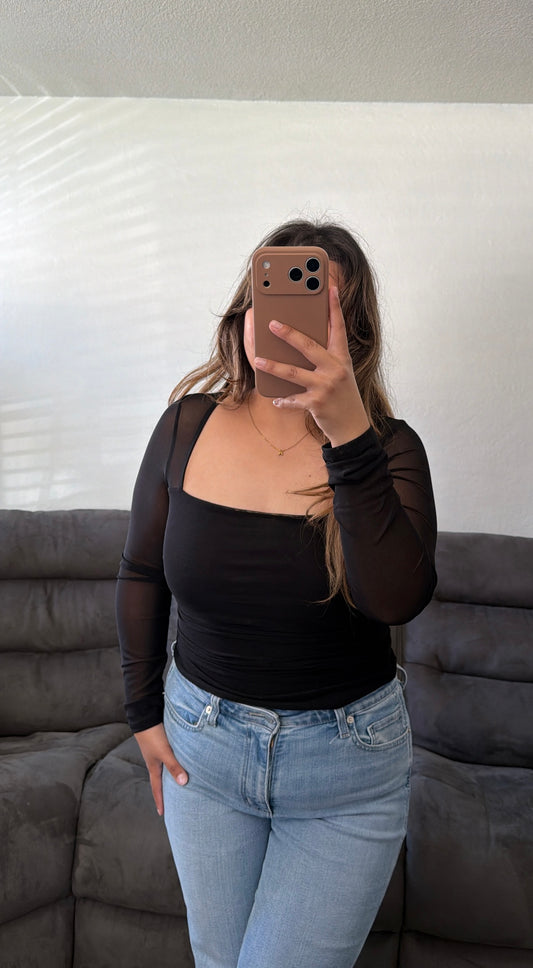 Ruched Waist Square Neck Long Sleeve