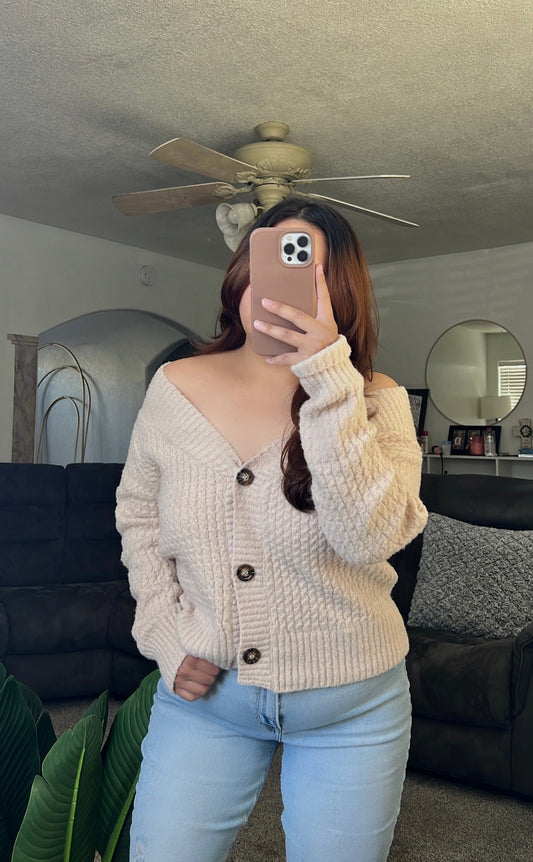 Off Shoulder Cozy Button Down Sweater