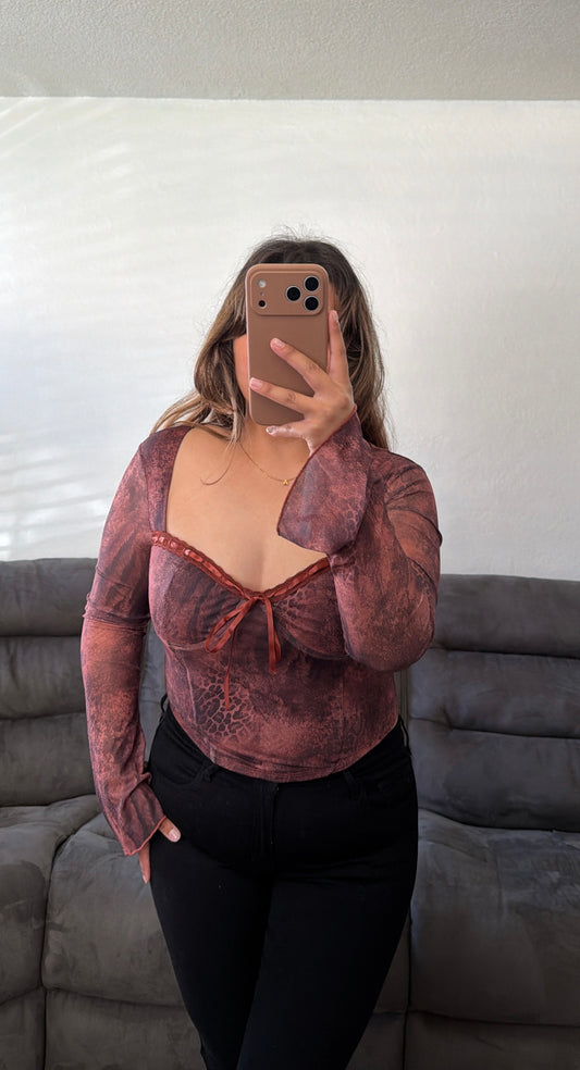 Animal Printed Mesh Long Sleeve Top