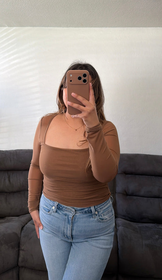 Ruched Waist Square Neck Long Sleeve