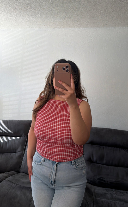 Plaid Boat Neck Sleeveless Top