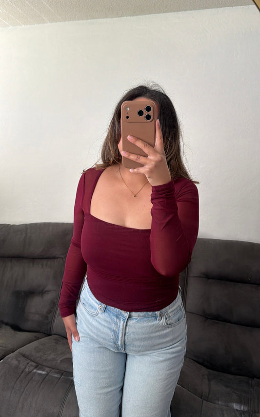 Ruched Waist Square Neck Long Sleeve