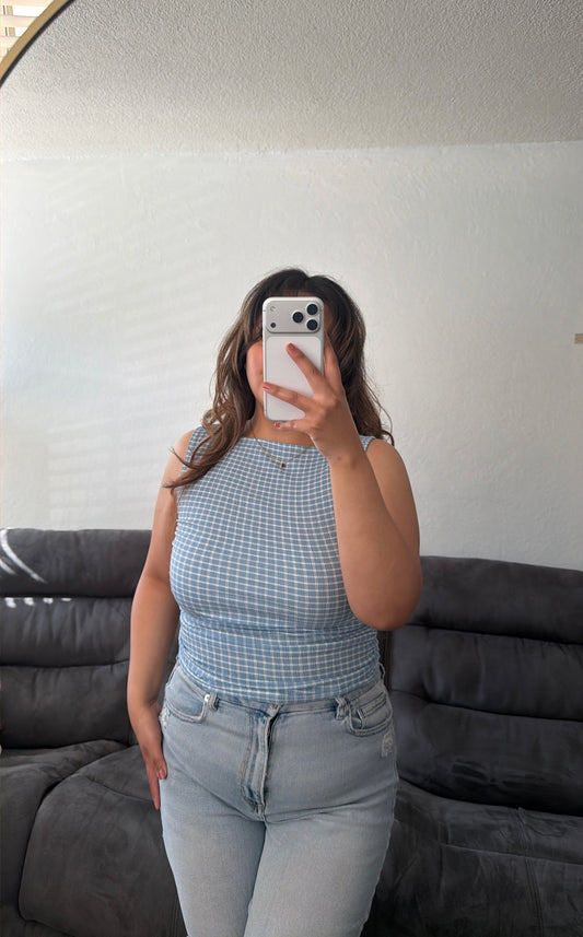 Plaid Boat Neck Sleeveless Top