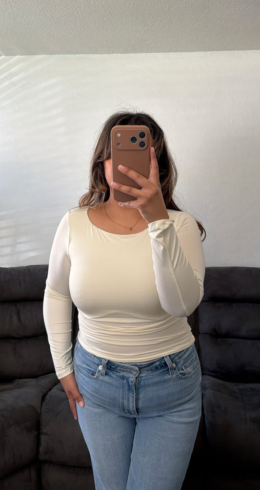 Boat Neck Ruched Detail Long Sleeve Top