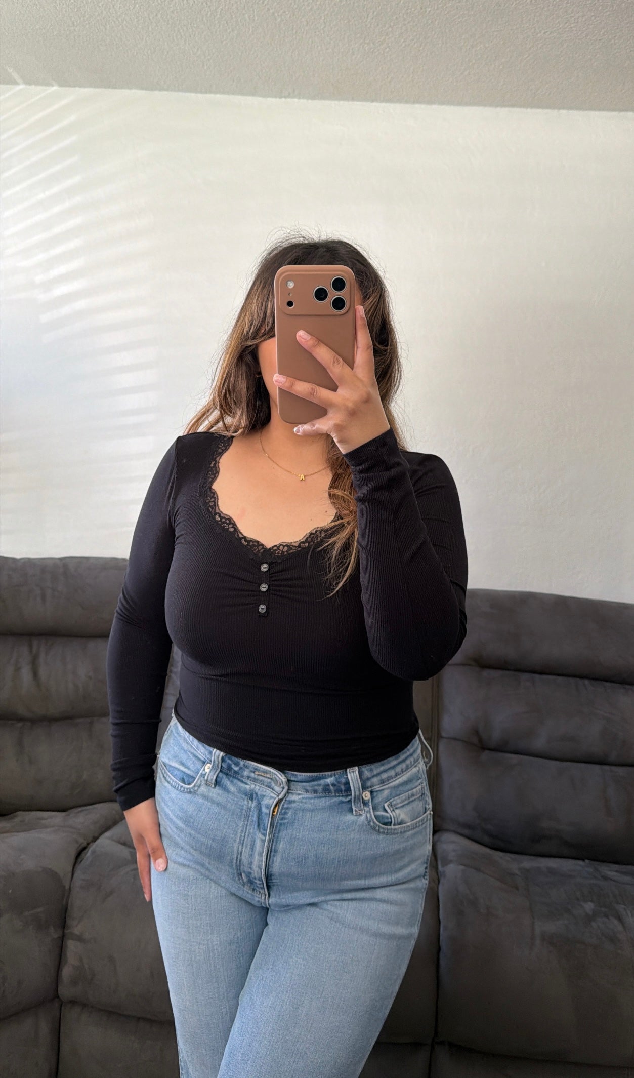 Lace Trim Button Long Sleeve