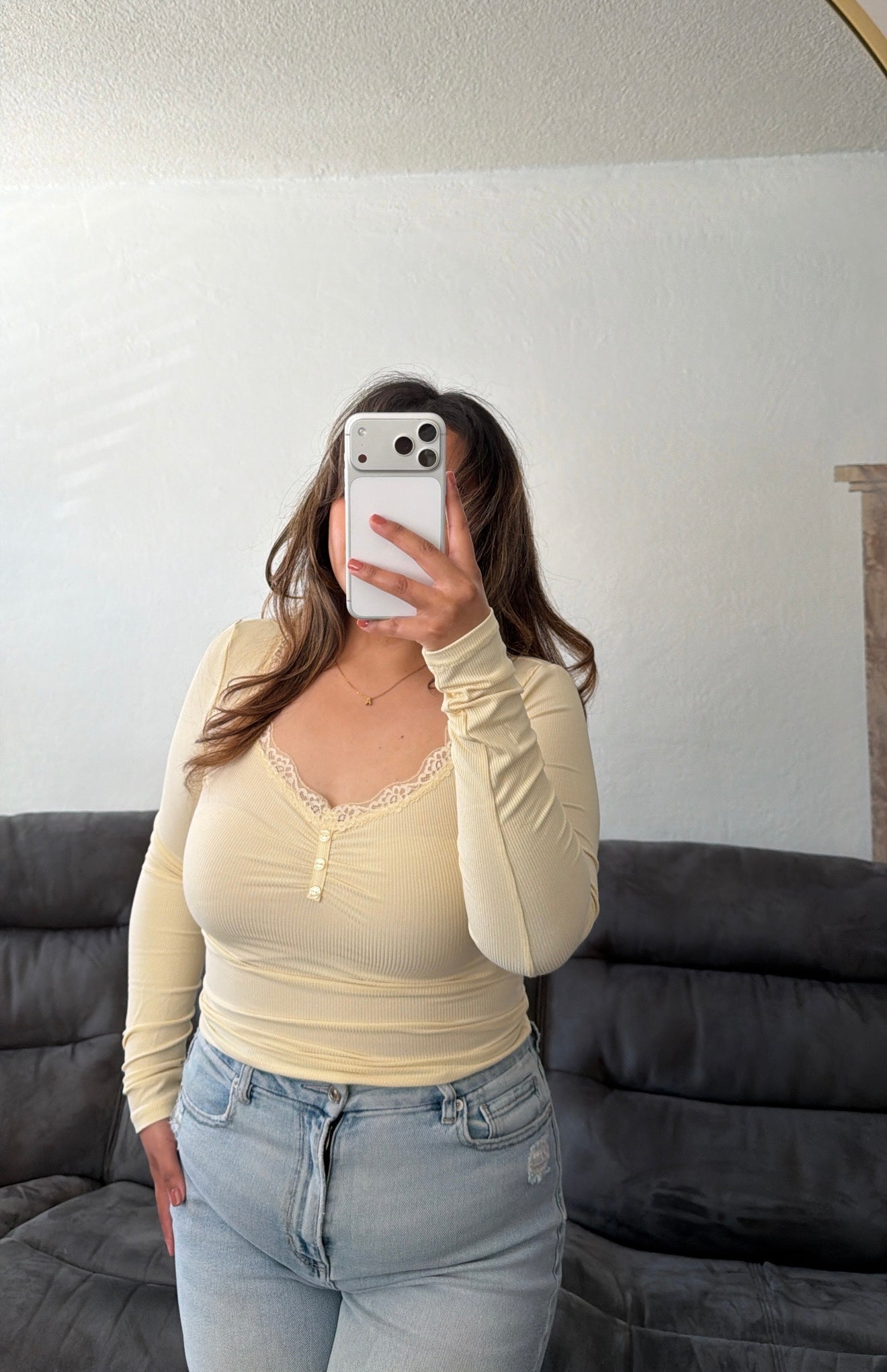 Lace Trim Button Long Sleeve