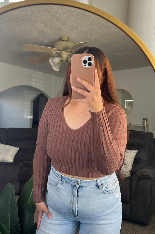 V-Neck Ribbed Cropped Sweater Top